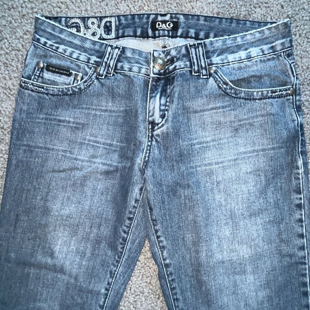 VINTAGE D&G DOLCE & GABBANA EMBROIDERED & STUDDED LOW RISE FLARE JEANS - 30 / 34 - Picture 2 of 16